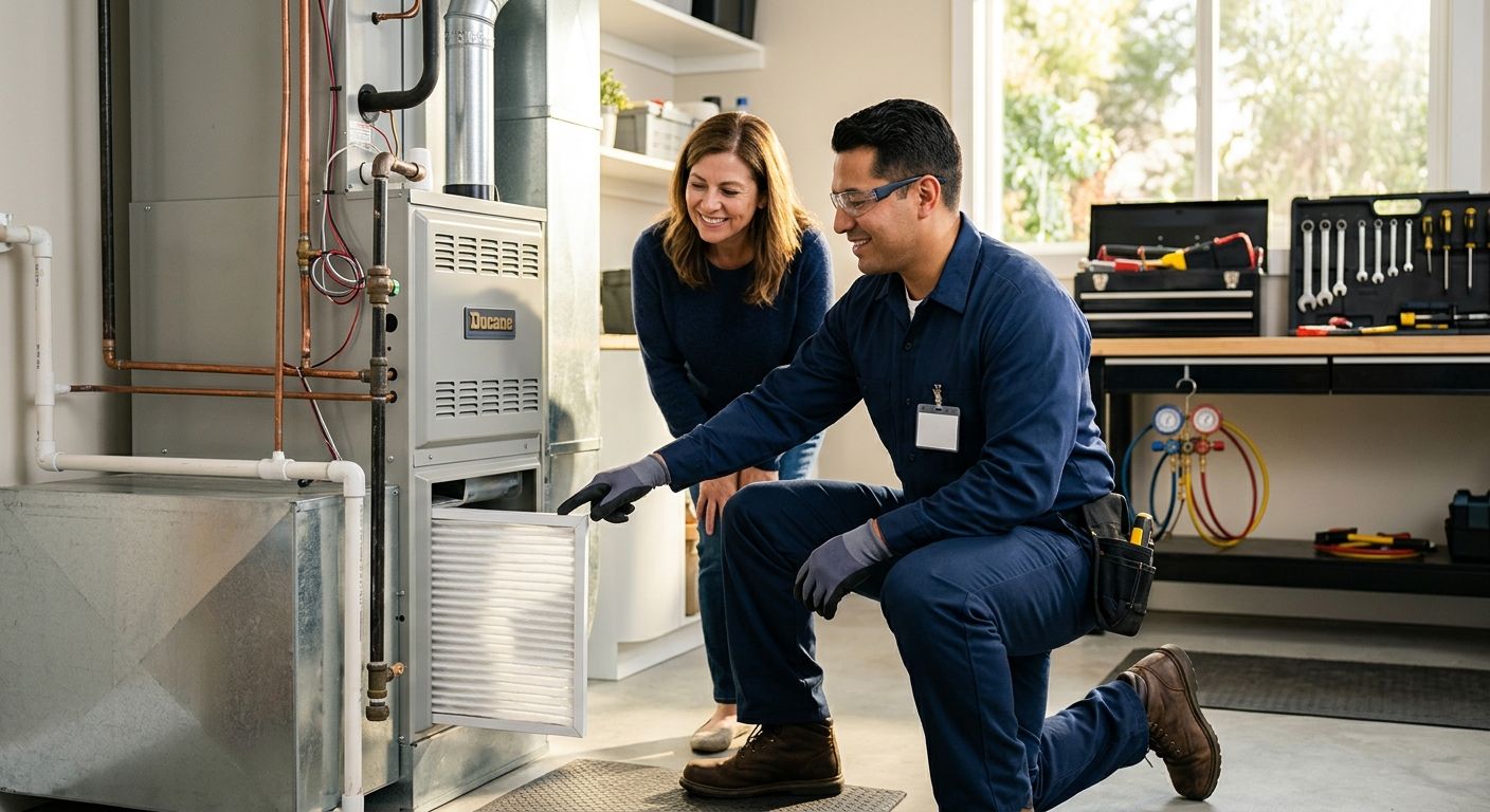 featured-28ea9578-64db-47bf-9083-334794b0d289 Licensed HVAC technician inspecting a modern furnace while a smiling homeowner watches in a bright residential utility room in Eagle Rock, California, highlighting professional furnace maintenance.