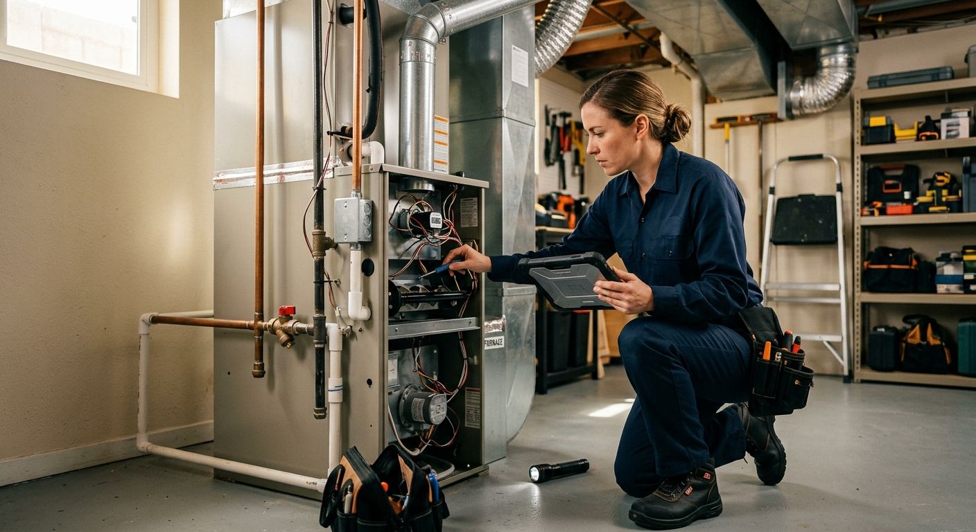 featured-60a5c6d0-3f84-4dfa-8826-358553aa2638 Licensed HVAC technician in blue uniform kneeling beside a gas furnace in a basement, holding a diagnostic tablet, with warm lighting and tools in background.