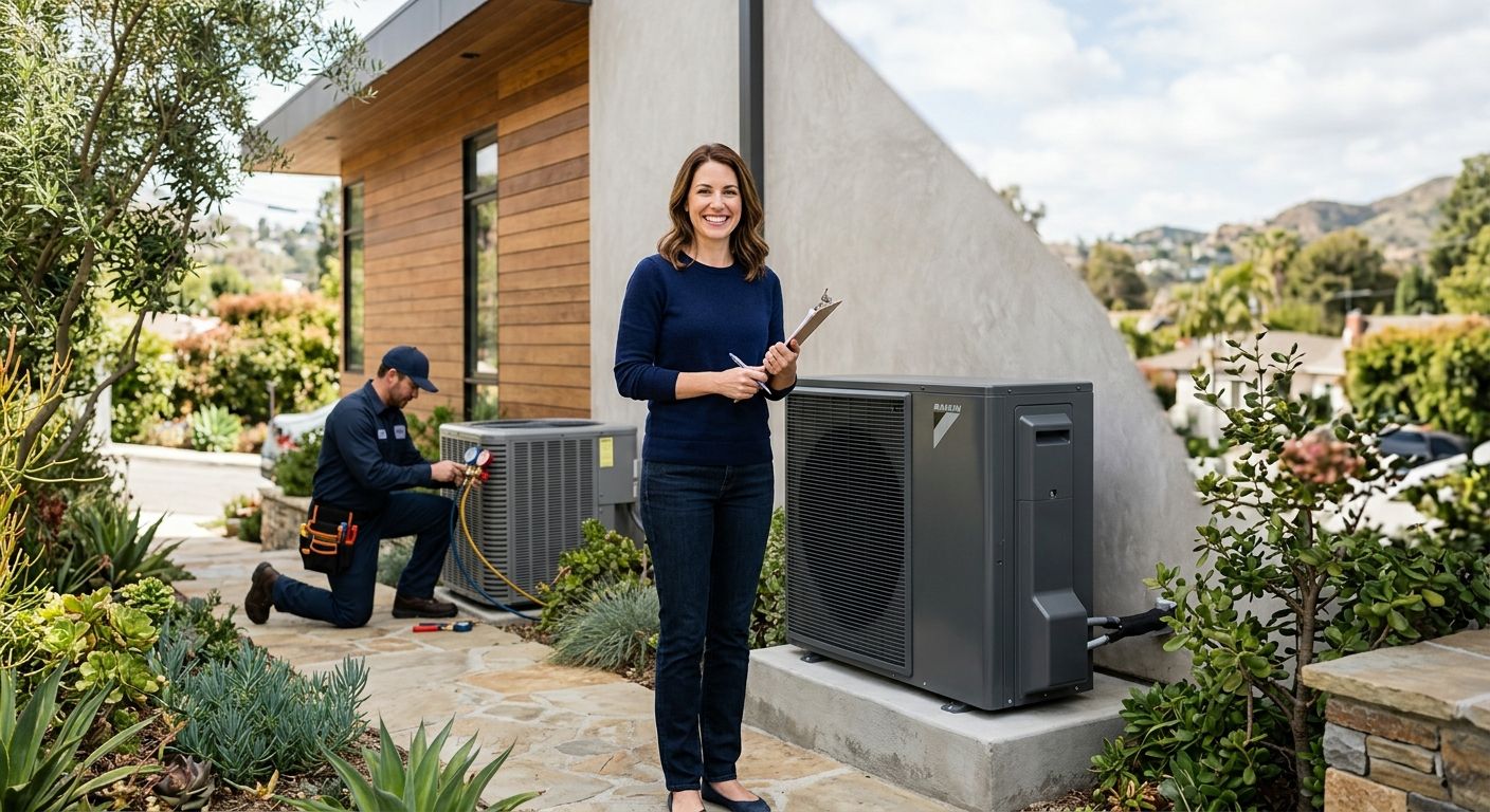 featured-02c10a21-1e8e-403c-a740-f02da906edfe A smiling homeowner holds a clipboard labeled 'Rebate Application' while standing next to a modern heat pump unit. An Eagle Rock Prestige HVAC technician performs a system check in the background in bright daylight.