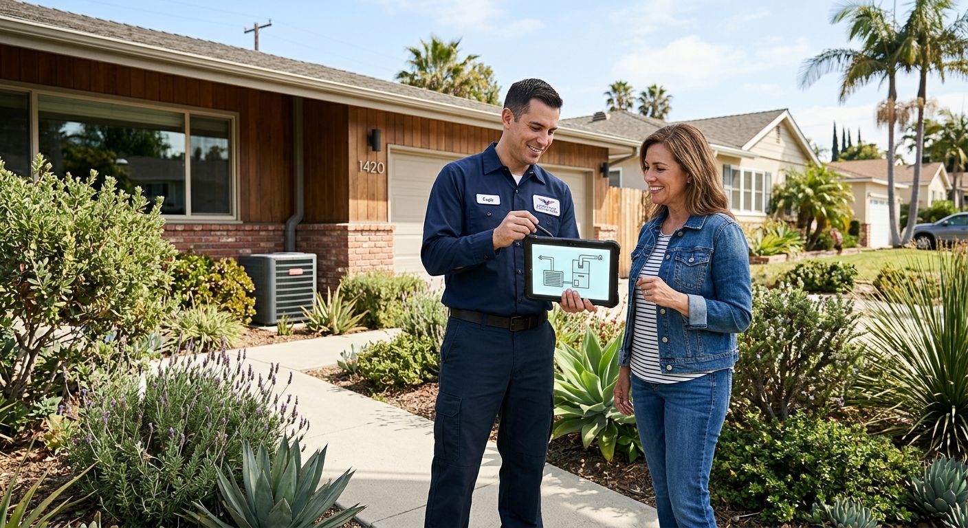 featured-1ff11808-4369-44cf-8855-25f3948829cc A uniformed HVAC technician from Eagle Rock Prestige HVAC consulting with a homeowner at a modern suburban home in Eagle Rock