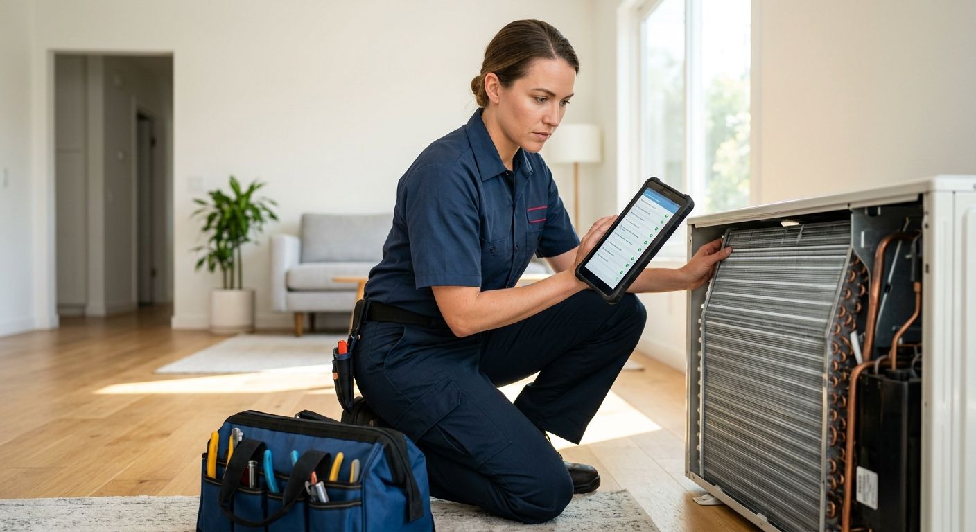 featured-35e5bc38-5412-4238-b2a6-7e29f6d13aa0 Female HVAC technician in blue uniform using tablet to inspect AC unit in sunny living room