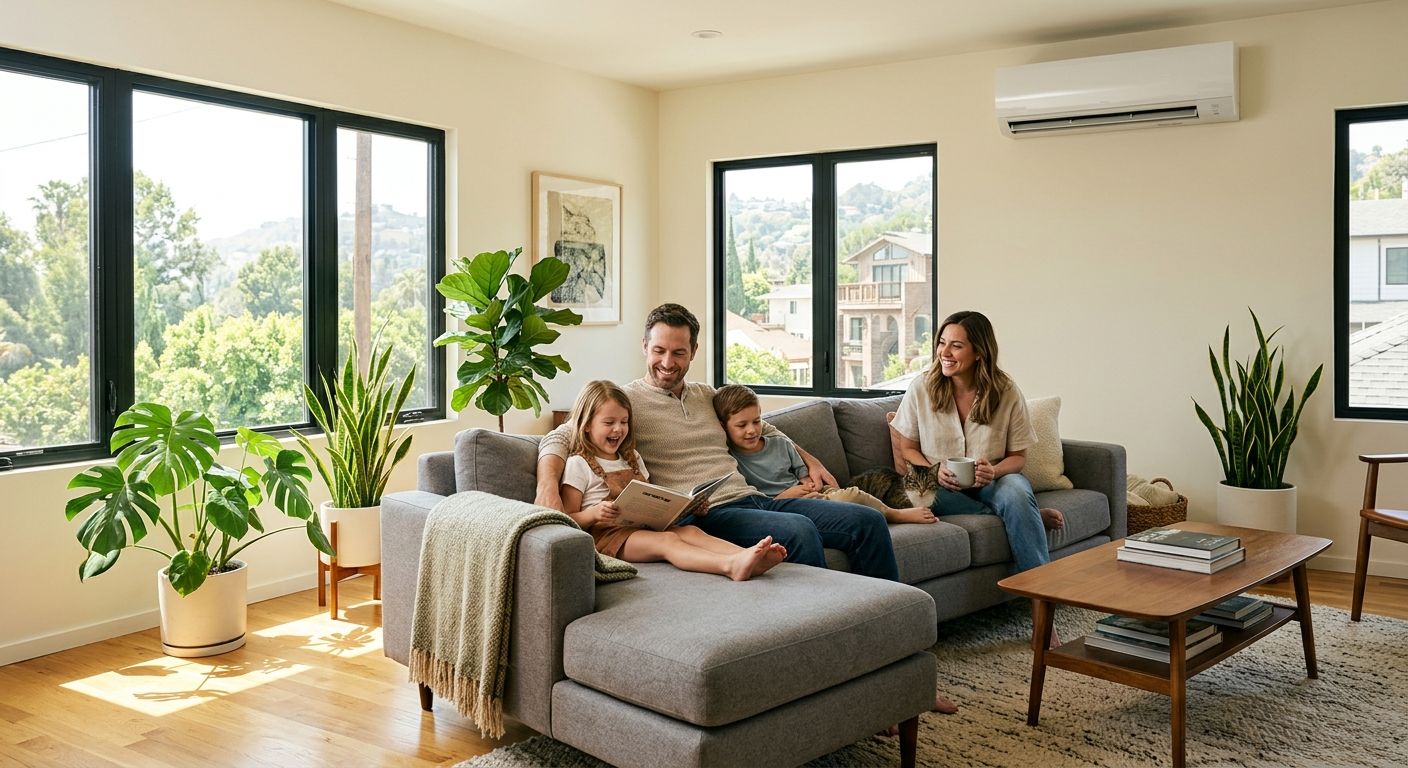 featured-6c62646f-f983-4b97-b217-193f84fe4ef5 A family of four relaxing in a sunlit Eagle Rock living room with hardwood floors, potted plants, and a modern HVAC system, representing clean indoor air.
