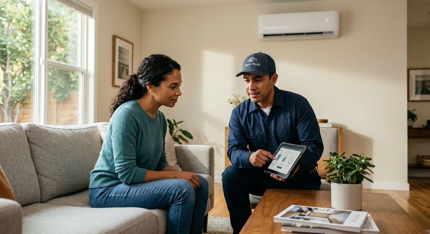 featured-76c79779-5f33-44b7-9af2-1bb7c35042d6 A homeowner and HVAC contractor discussing system options on a tablet in a sunlit living room with a mini-split unit in the background.