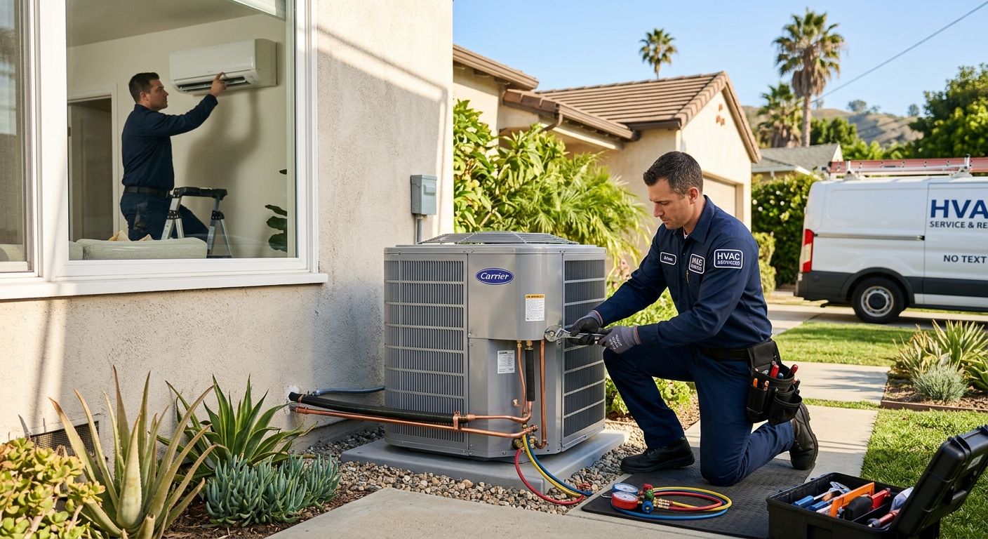 featured-7e51f691-e4cd-4b2d-b81c-9af7e0e45b17 Licensed HVAC technician in dark blue uniform installing an outdoor heat pump at an Eagle Rock home, with a second technician visible inside checking the indoor unit, surrounded by a sunny landscaped yard and a service van.