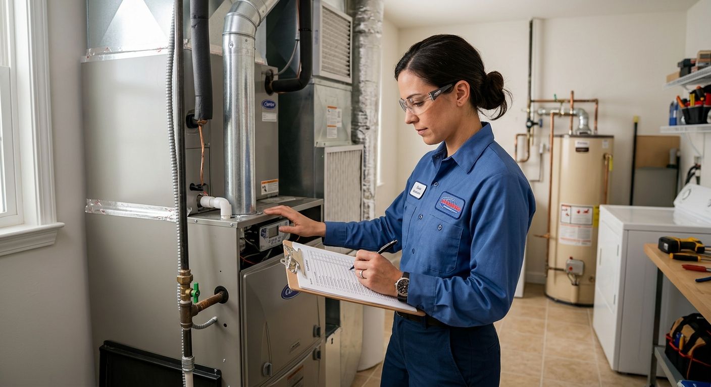 featured-8ad75fe7-7c30-4a51-bae5-6890d5b05ee1 Licensed HVAC technician in blue uniform holding clipboard beside modern furnace in residential utility room