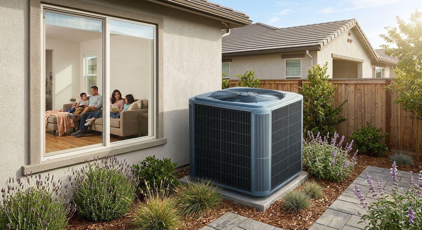 featured-b313ebf0-3e4b-4dc2-a3e0-65e2813d7c9a Modern R-454B compatible air conditioning unit in a well-maintained Eagle Rock backyard with a family visible through a window