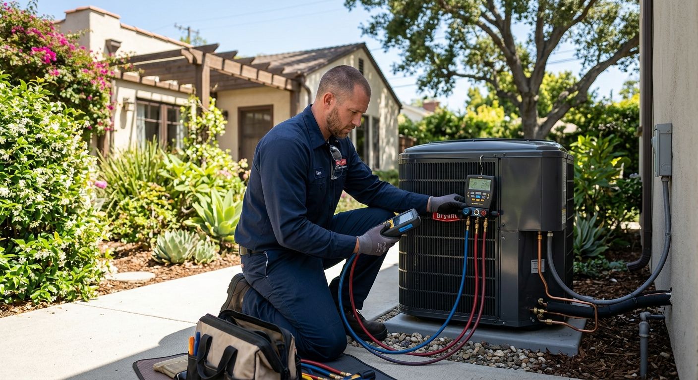 featured-1489b540-601e-4f1a-8f9c-7236d1e2cc79 Licensed HVAC technician in branded uniform using diagnostic tools on a modern high-efficiency heat pump unit in a residential backyard in Eagle Rock, with lush Southern California landscaping in the background.