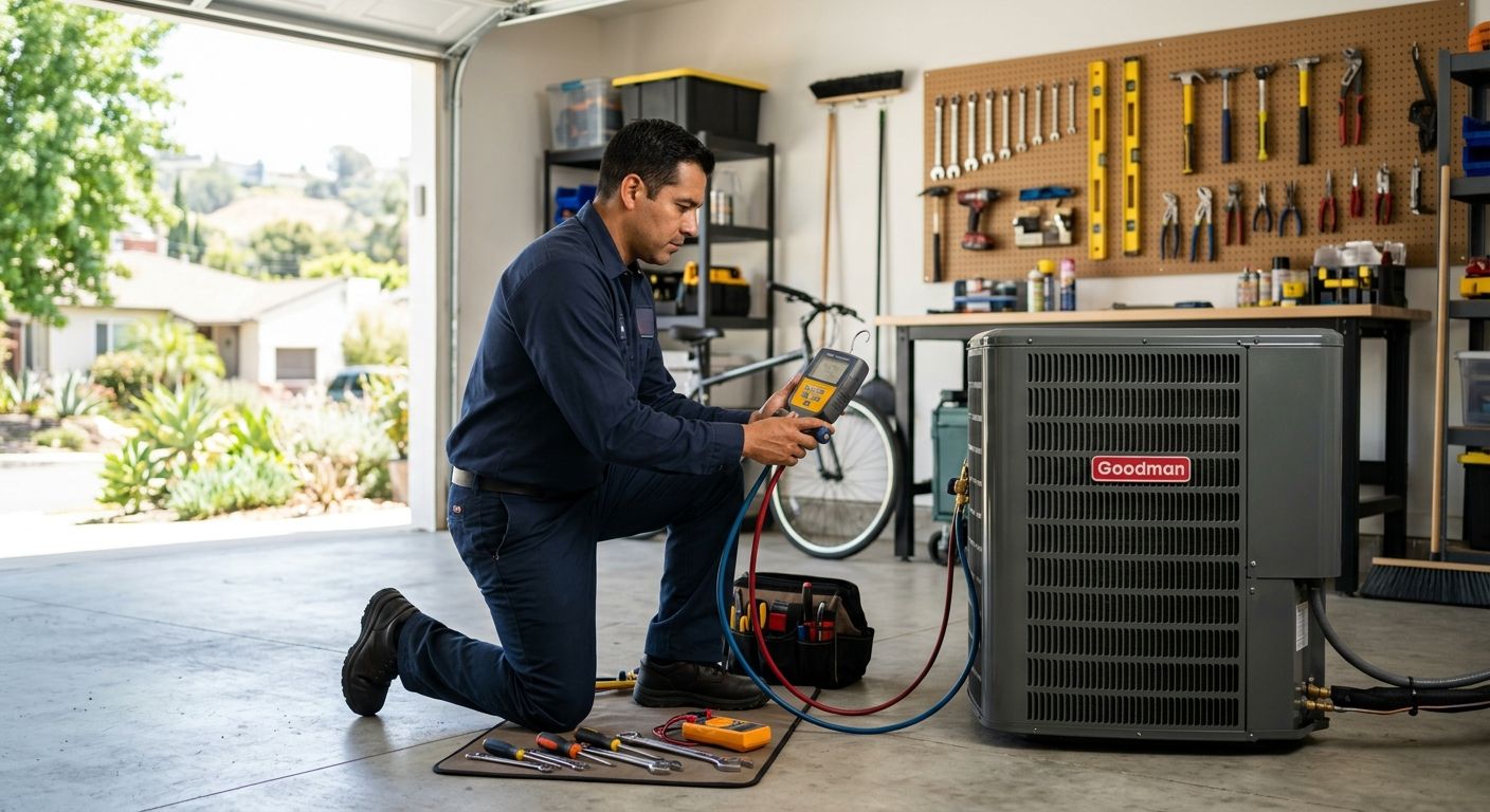 featured-18ed09c3-d0ff-4933-b6a3-9f7bd0c7610b HVAC technician in a navy blue uniform kneeling beside a residential AC unit in a bright Eagle Rock garage while reading a digital diagnostic tool.