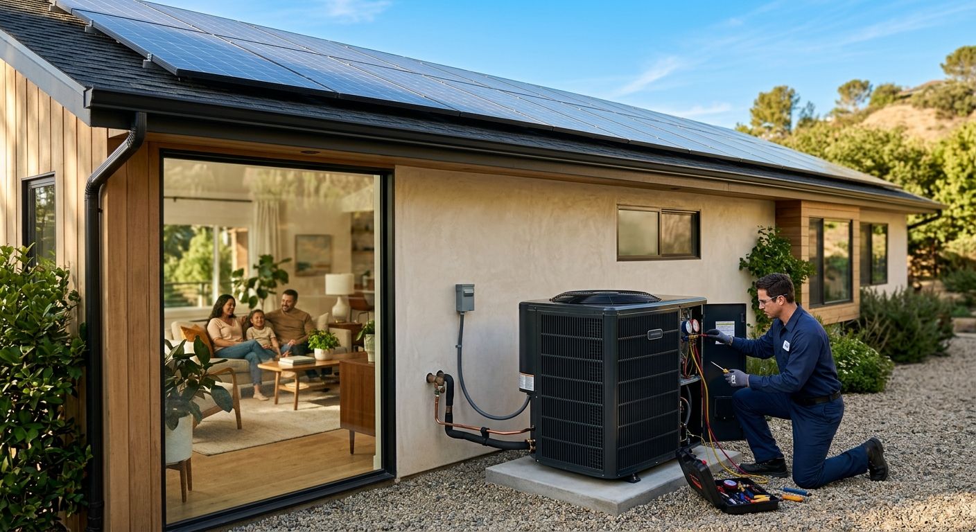 featured-5abcef42-fa73-4481-bb25-bd33281f5413 Professional photograph of a modern zero-emission heat pump unit beside a contemporary Eagle Rock home with solar panels, a technician in uniform performing maintenance, and a relaxed family visible through a window under a clear blue sky.