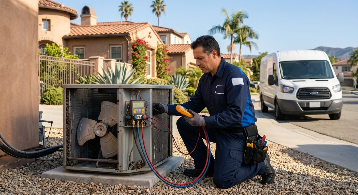 featured-846b8bb5-4db4-456c-b8f4-15cb7b66e208 HVAC technician in blue uniform repairing an outdoor AC unit in Los Angeles with van and palm trees.