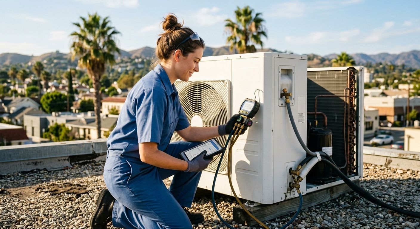 featured-9798a341-f7c8-4e75-b70a-6082c804a251 HVAC technician inspecting commercial AC compressor on rooftop in Eagle Rock, California