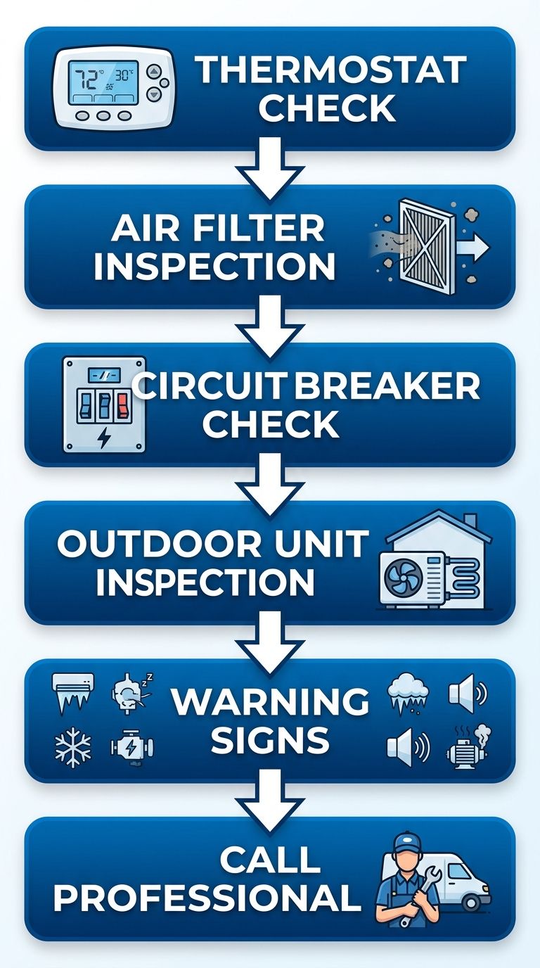 Vertical process flow diagram illustrating six AC troubleshooting steps from thermostat check to calling a professional.