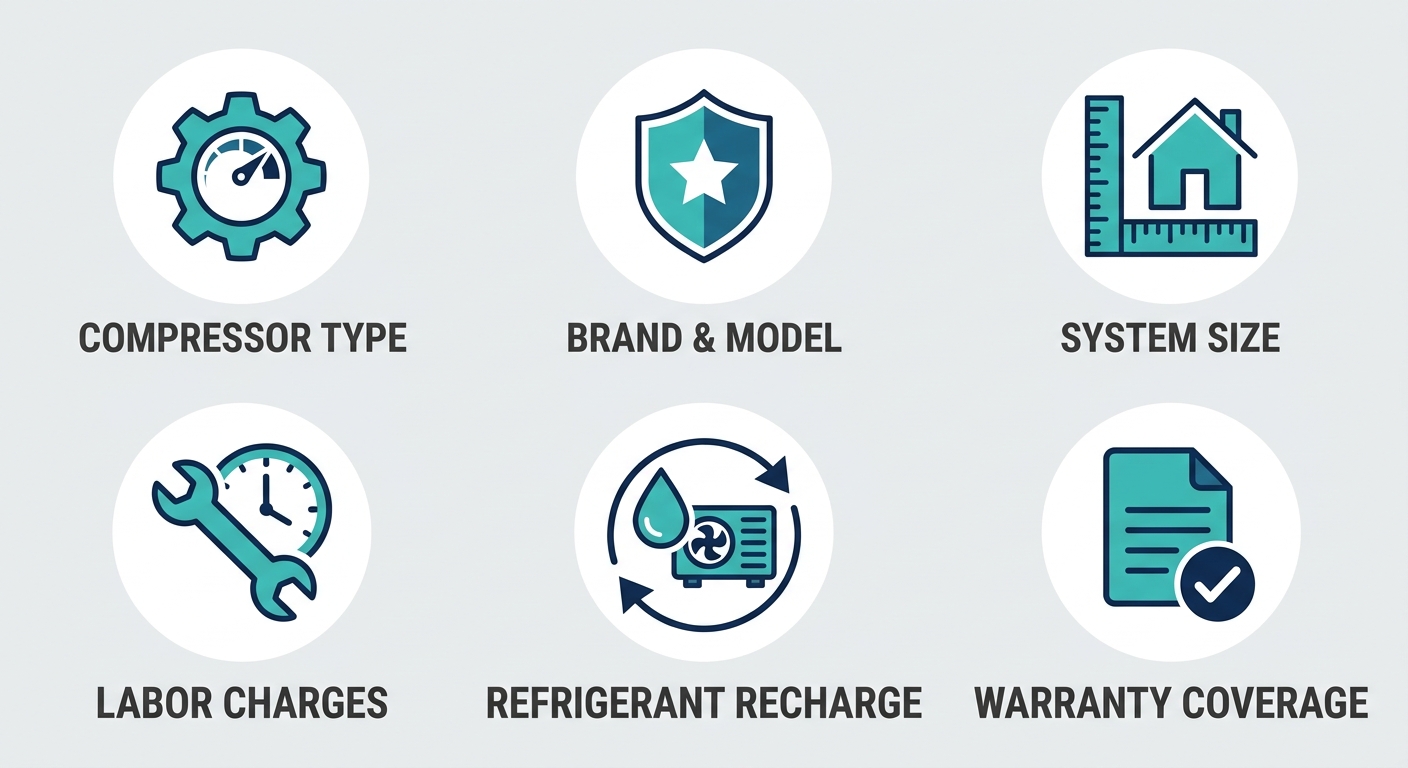 Infographic showing six factors affecting AC compressor replacement cost: Compressor Type, Brand & Model, System Size, Labor Charges, Refrigerant Recharge, Warranty Coverage.