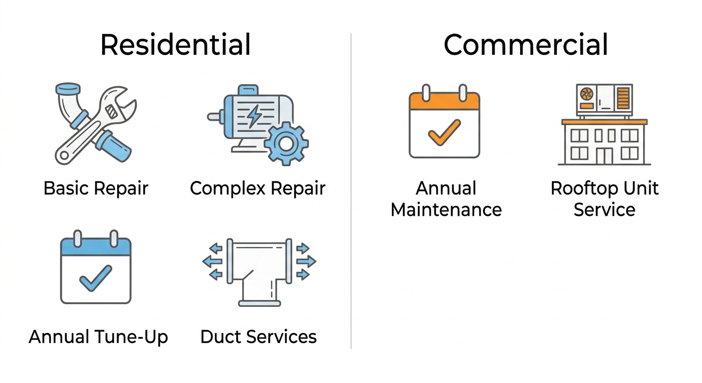 Side-by-side infographic comparing residential and commercial HVAC services: four residential service items on the left and two commercial service items on the right with simple line icons.