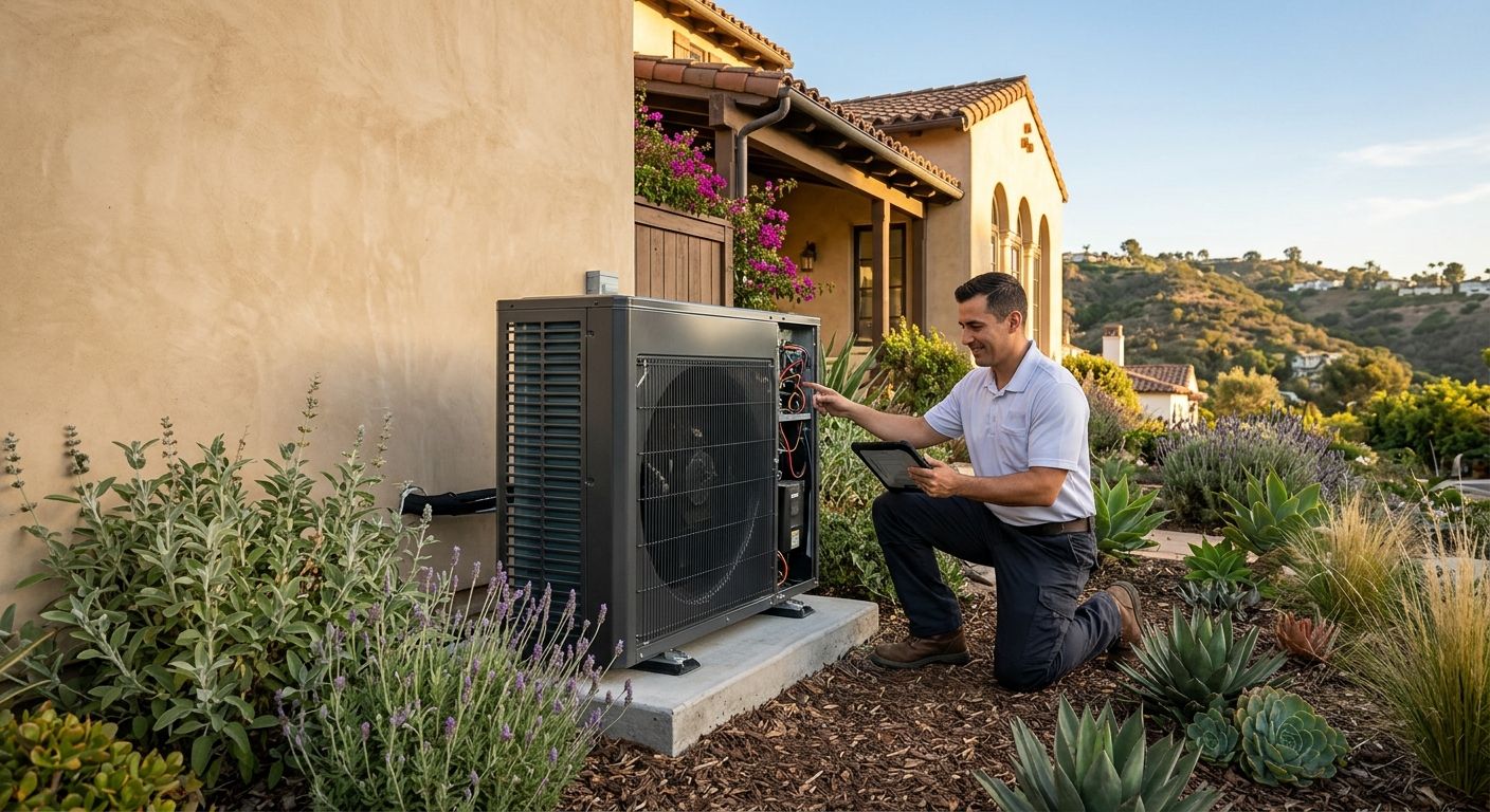 featured-476e5faf-ec50-491e-b02f-cf5db2ddab58 Professional hero shot of a heat pump with technician at Mediterranean home in Eagle Rock