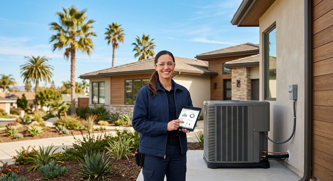 featured-b3bae051-200a-4dca-8bfa-70536d2a1bcb Professional HVAC technician with heat pump unit in front of a modern California home with palm trees