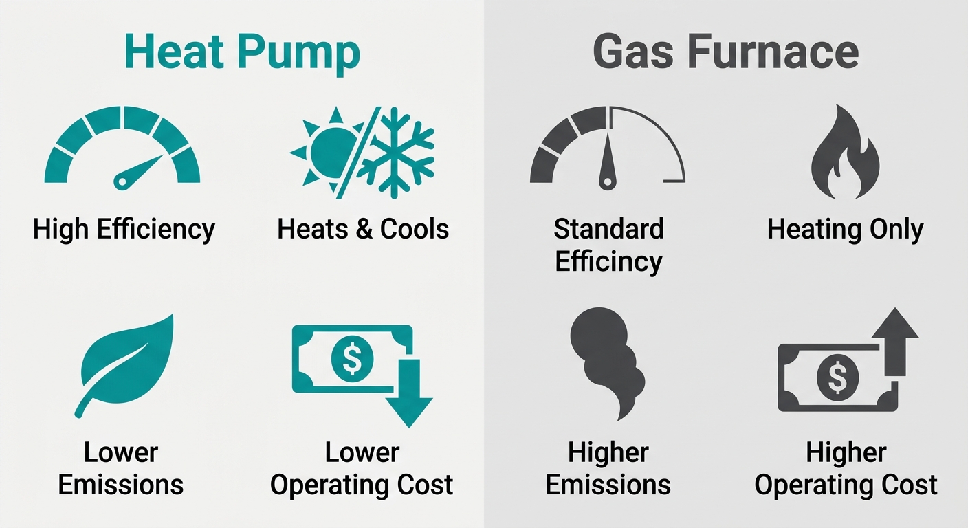 Two-column infographic comparing heat pump and gas furnace features
