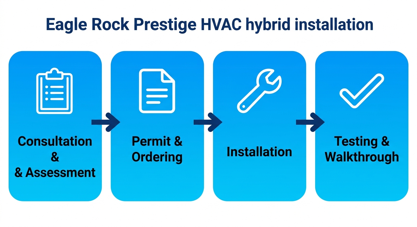 Horizontal process flow diagram showing four stages of hybrid heating installation: initial consultation and site assessment, permit handling and equipment ordering, professional installation of heat pump and furnace, and final testing and walkthrough.