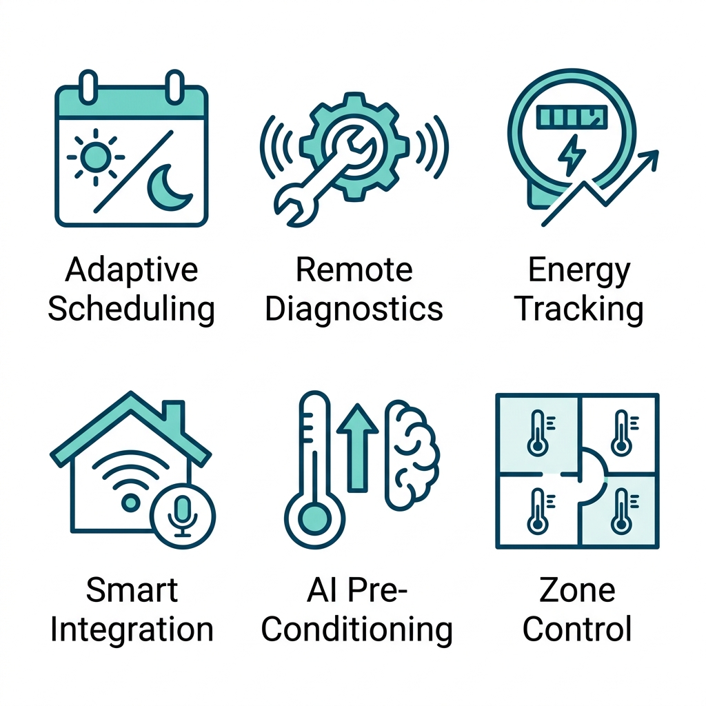 Infographic with teal and navy outline icons on white background, representing six smart thermostat features: adaptive scheduling, remote diagnostics, energy tracking, smart integration, AI pre-conditioning, and zone control.