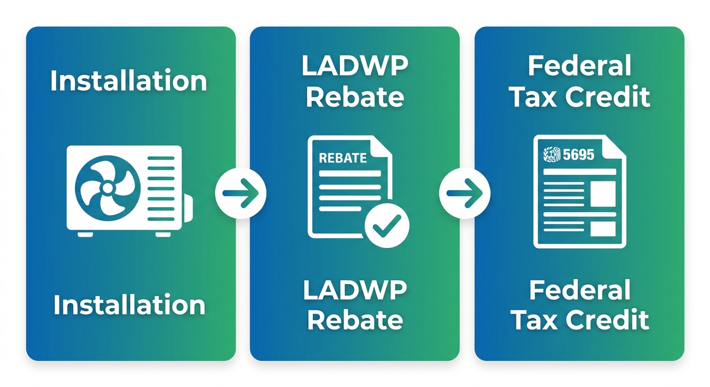 Three-step horizontal process flow showing how to stack LADWP rebates with federal tax credits for HVAC upgrades.
