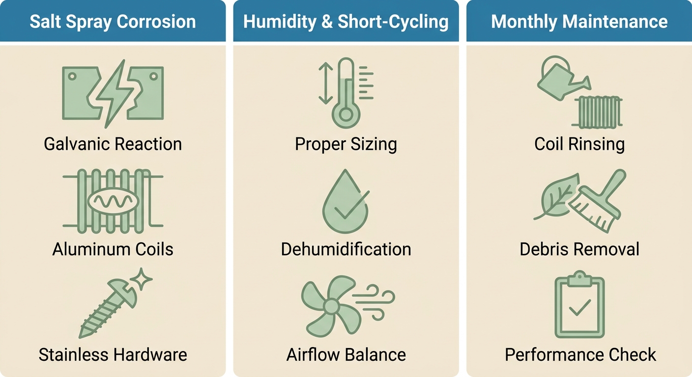 Infographic comparing three climate factors for heat pump performance: salt spray corrosion, humidity and short-cycling, and monthly maintenance, with icons and labels.