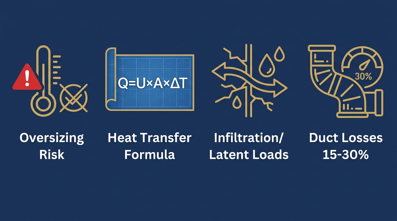 Infographic with four HVAC sizing icons: oversizing risk thermometer, heat transfer formula, infiltration loads, and duct loss gauge on navy background with gold icons and white labels